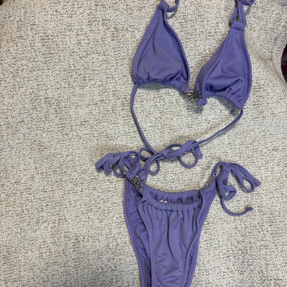 Purple Sparkly Two Piece Triangle Adjustable Tie Bikini, Silver Flower Details